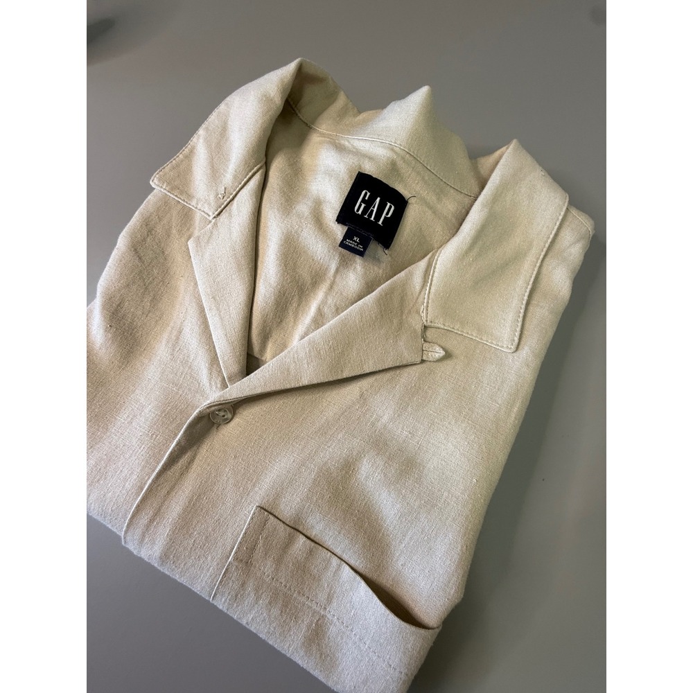 Gap Mens XL Beige Linen Blend Short Sleeve Camp Collar Button Down Shirt